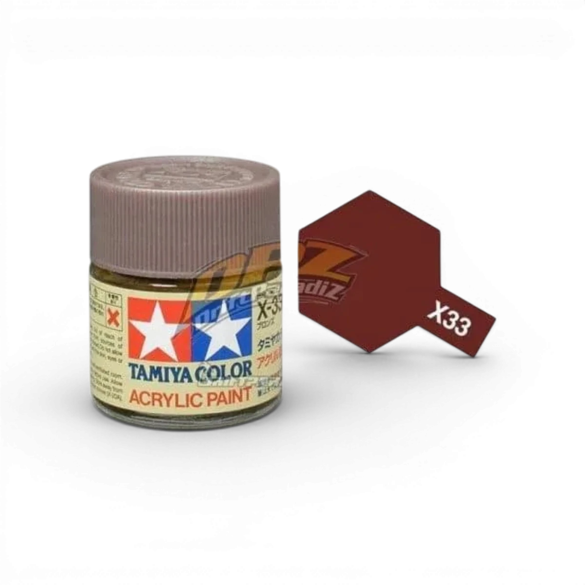 Peinture bronze brillante Tamiya X33, pot de peinture en aérosol avec finition métallique brillante, vue de face.