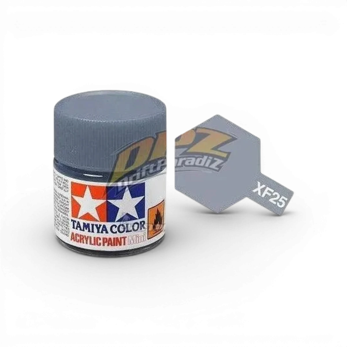 Peinture gris mer clair mat XF25 de Tamiya, flacon de peinture pour modèles et maquettes, vue en gros plan.