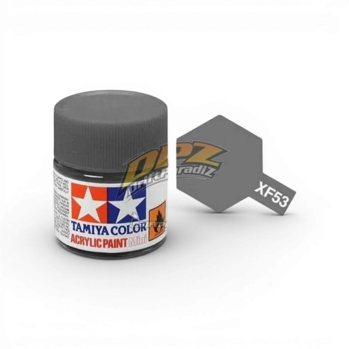 Peinture gris neutre mat Tamiya XF53 pour modèles et maquettes, texture lisse et finition matte visible sur l'image.