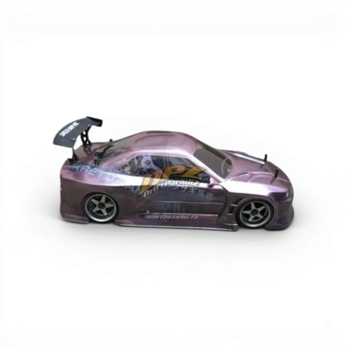 Peinture Tamiya PS40 rose translucide pour lexan, peinture en spray pour modélisme, vue du flacon avec étiquette.