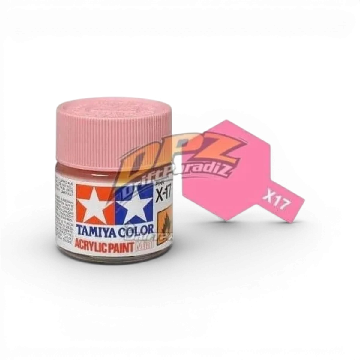 Peinture rose brillant X17 de Tamiya, tube de peinture pour modèles et loisirs créatifs, vue de l'emballage et du contenu.