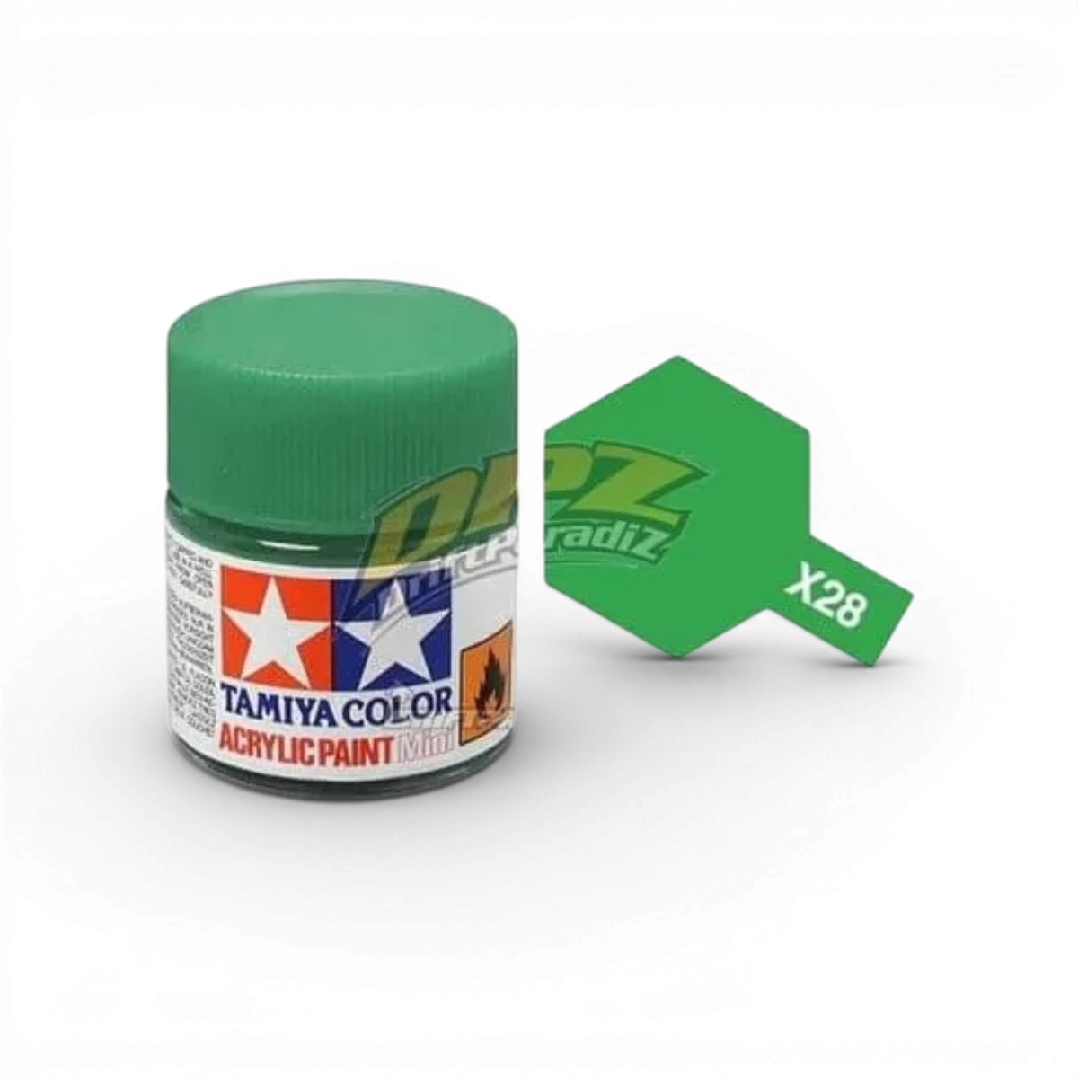 Peinture vert pré-brillant X28 de Tamiya, tube de peinture pour modélisme, vue en gros plan avec étiquette visible.