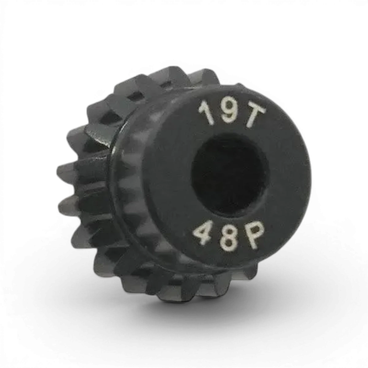 Pignon moteur en aluminium traité, 19 dents, 48dp, pour pièces détachées integra, visible avec détails de finition et dents.