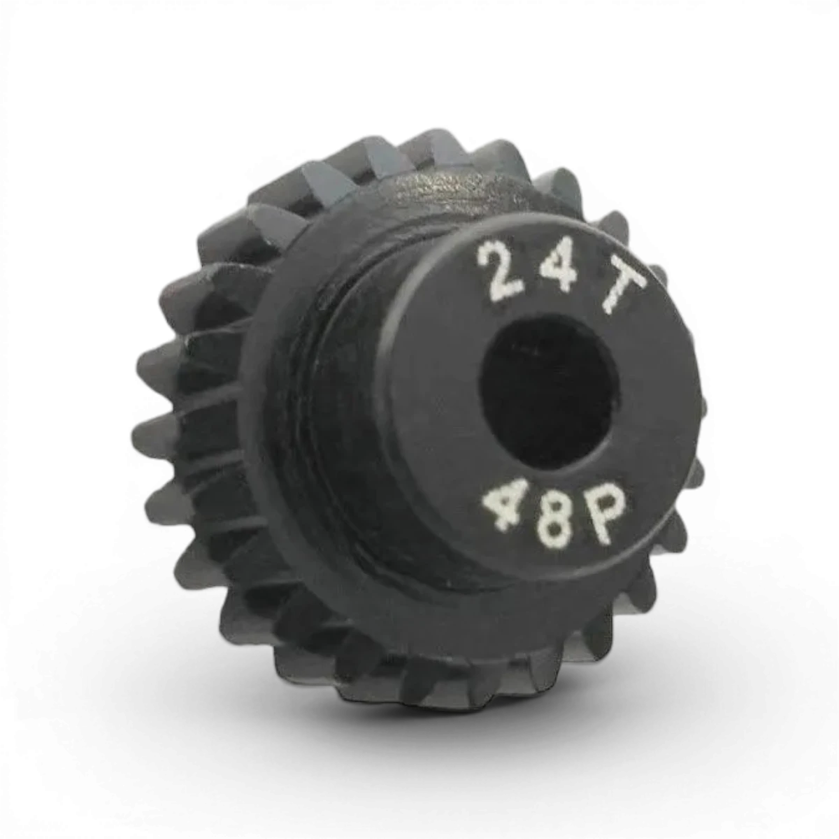 Pignon moteur en aluminium traité, 24 dents, 48dp, pour pièces détachées integra, visible avec dents et finition métallique.