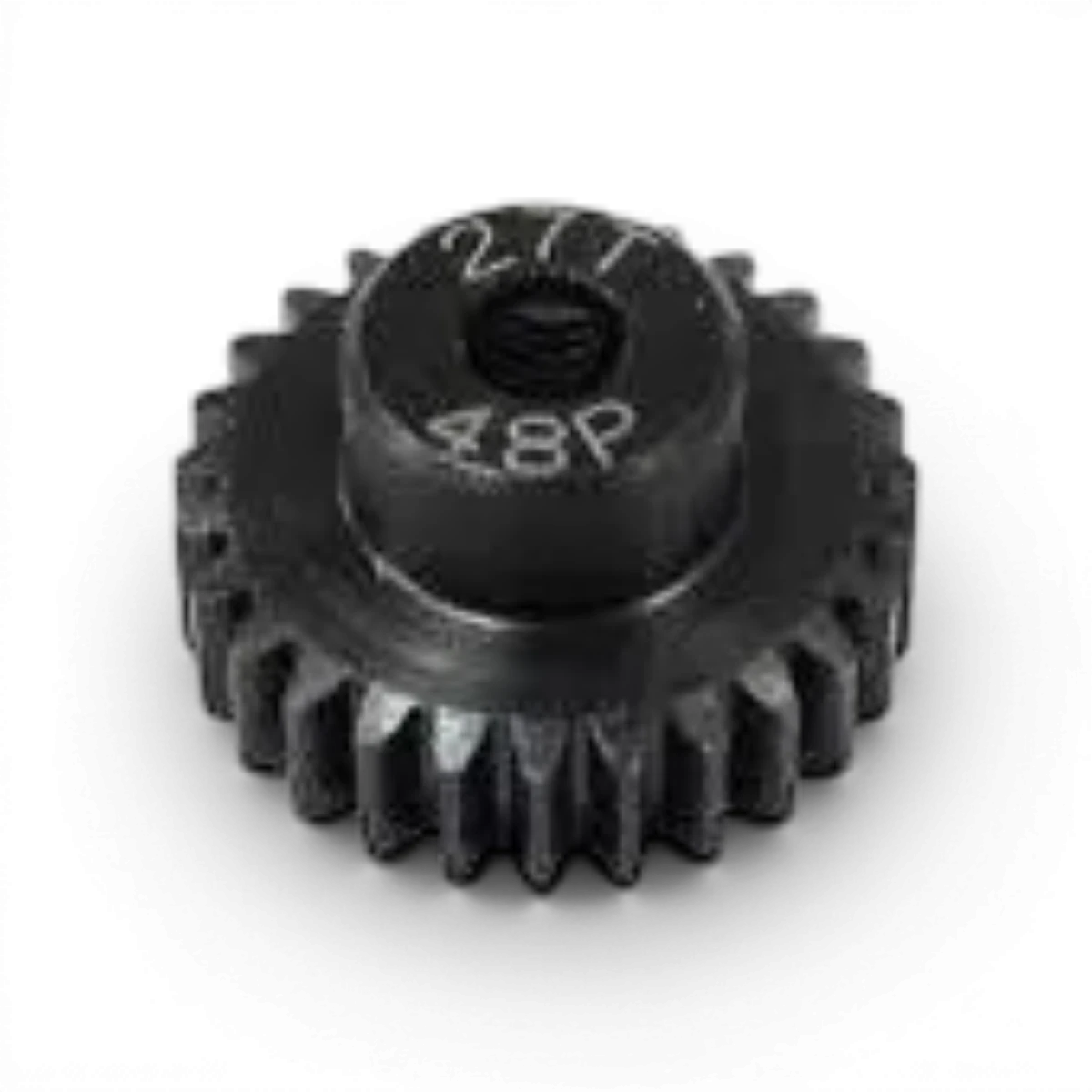 Pignon moteur en acier trempé de 27 dents, 48dp, pour pièces détachées Topline, visible avec ses dents et finition métallique.