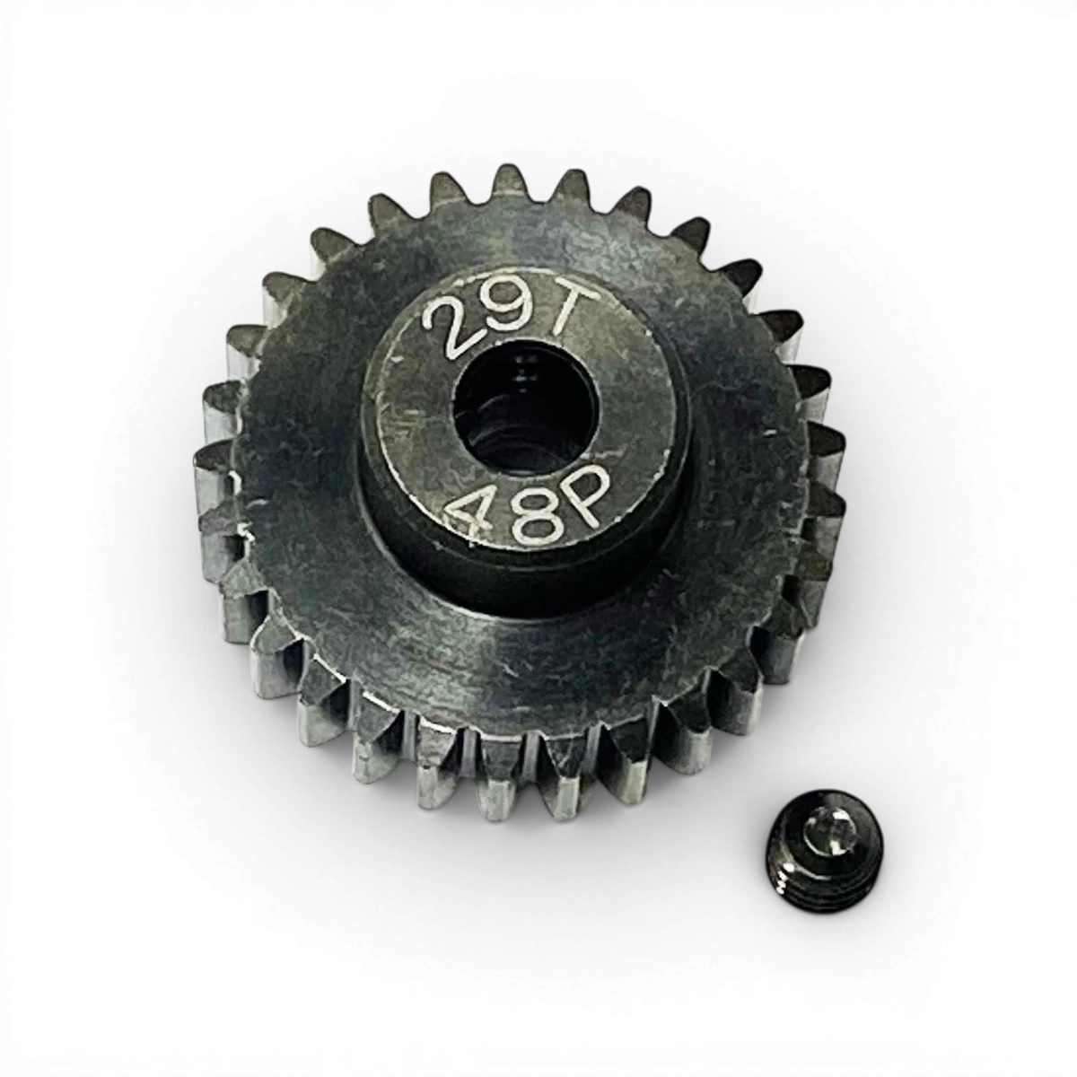 Pignon moteur en acier trempé de 29 dents, 48dp, pour pièces détachées Topline, visible avec dents et finition métallique.