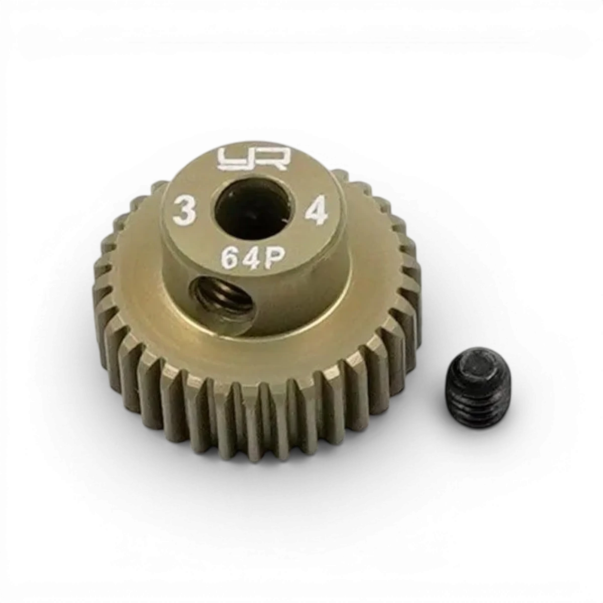 Pignon universel 1/10, 64dp, 34 dents, pour voiture RC, marque Yeah Racing, image montrant le pignon en métal avec dents.