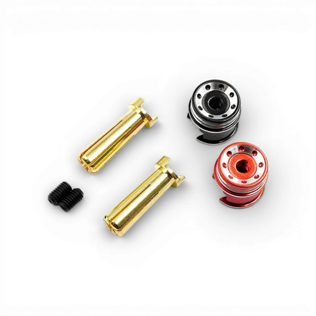 Prises batterie 5mm avec dissipateurs rouge et noir, accessoire électronique de la marque Yeah Racing.