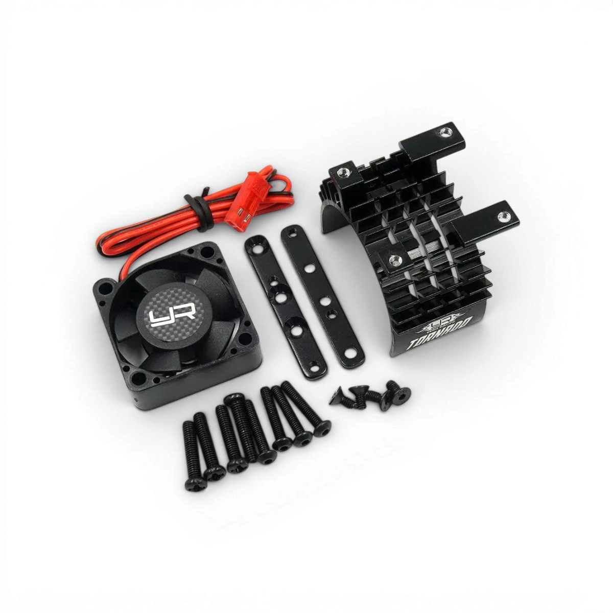 Radiateur en aluminium pour drone 540/550 avec ventilateur haute vitesse Tornado noir, conçu par Yeah Racing pour refroidissement efficace.