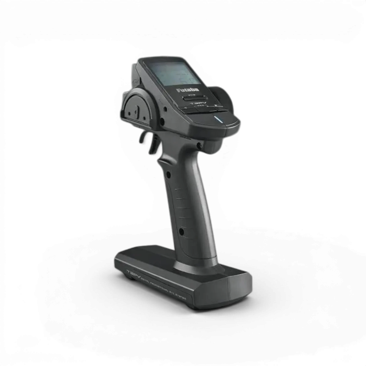 Radio électronique Futaba 3PV avec récepteur R203GF, contrôleur de drone ou modèle réduit, écran et commandes visibles.