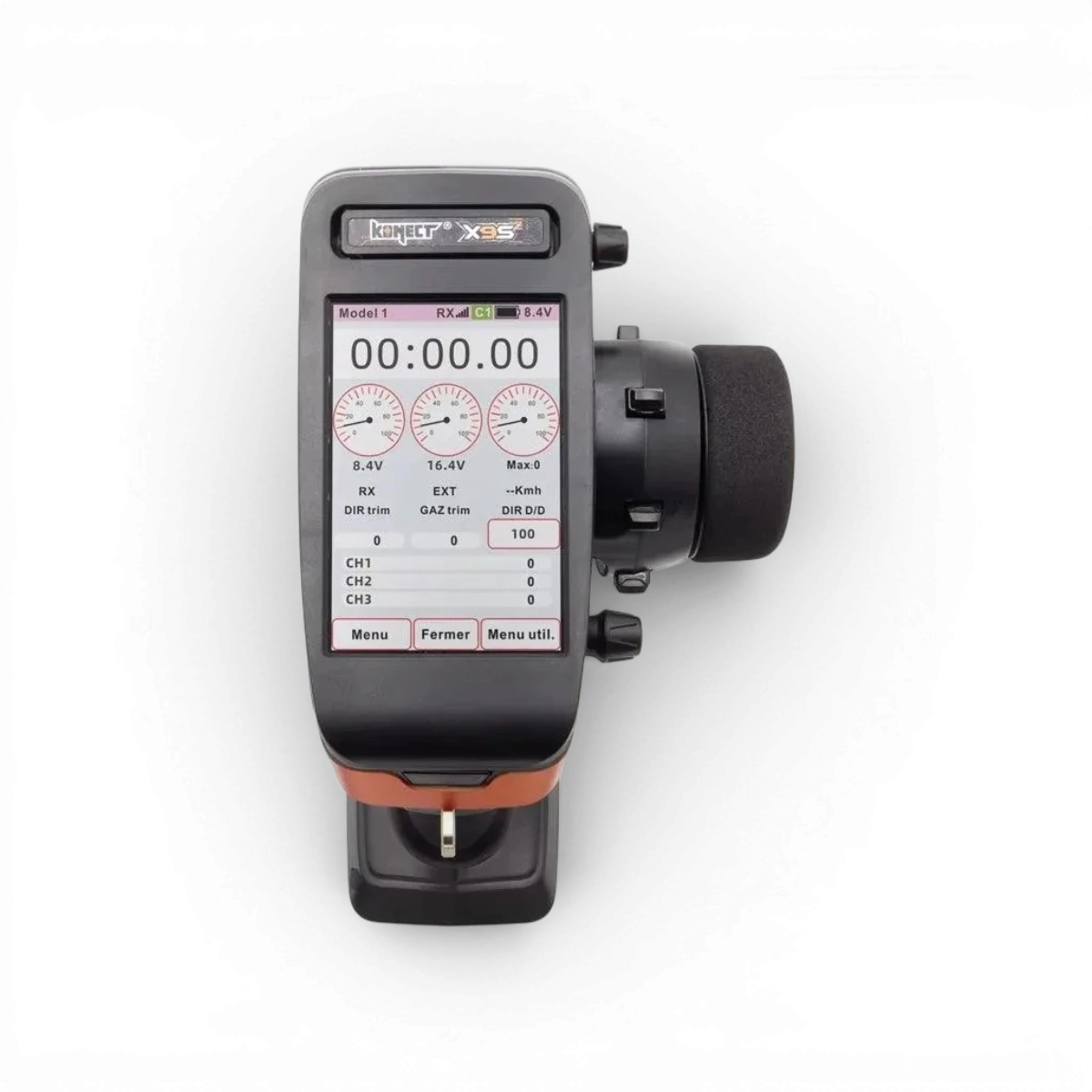 Radio X9S 9 voies avec récepteur Konect, électronique pour contrôleur à 4 canaux, design compact et boutons de commande visibles.