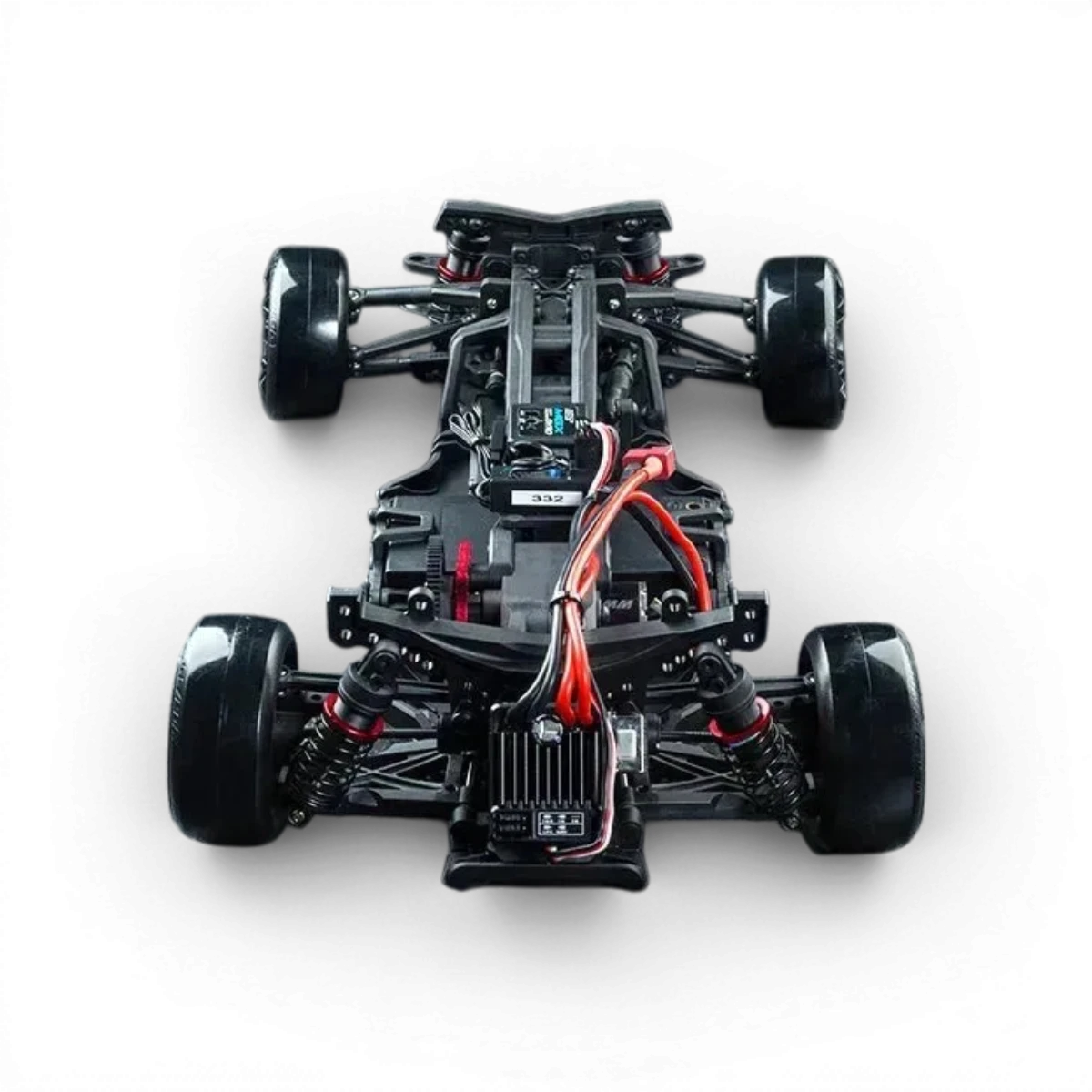 Voiture RC Drift Max Speed Technology RMX 2.5 RTR brushée, vue de côté, avec détails du châssis et des pneus.