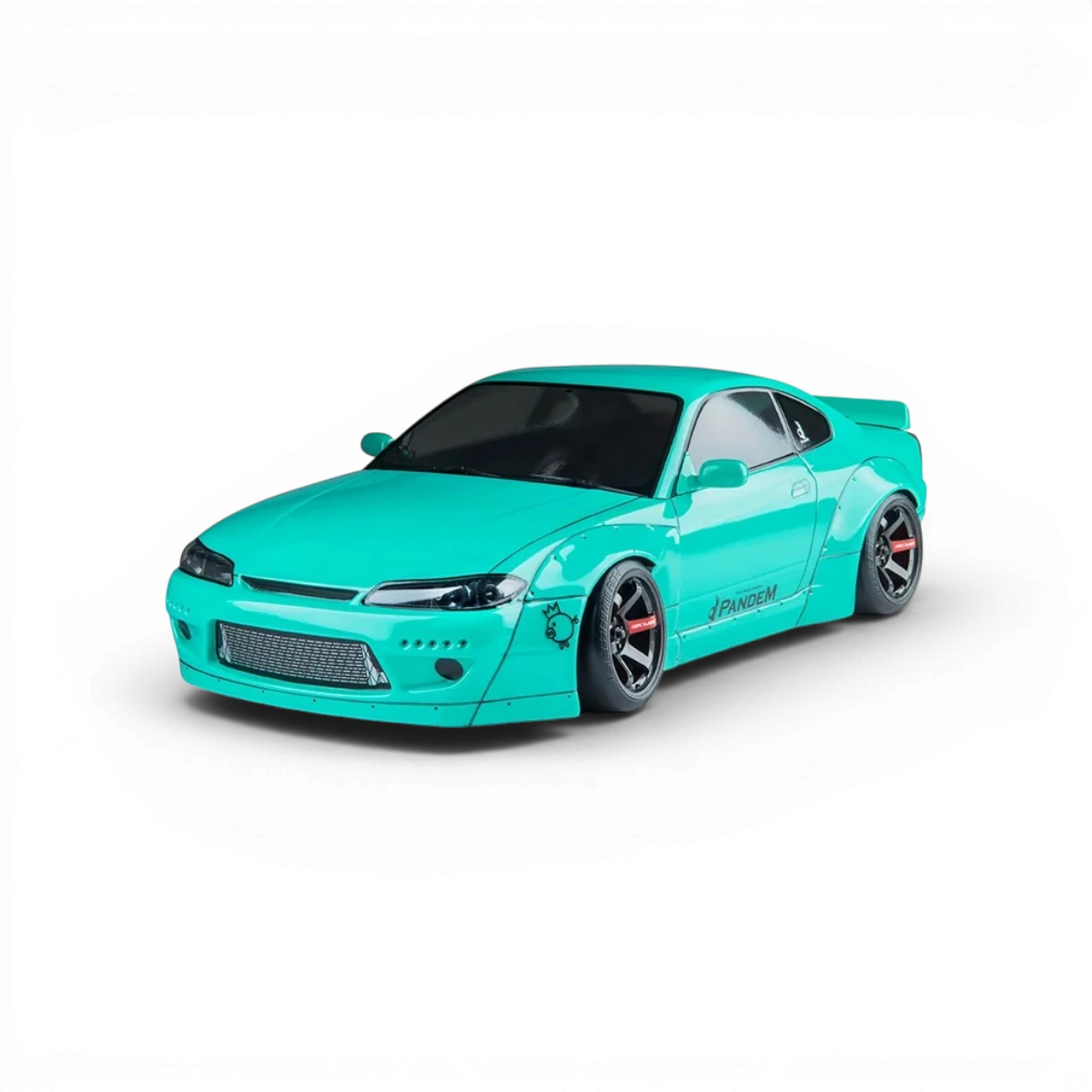 Voiture RC drift brushless Max Speed Technology RMX 2.5 RTR Nissan S15RB, en vert menthe, vue de côté avec pneus et détails.