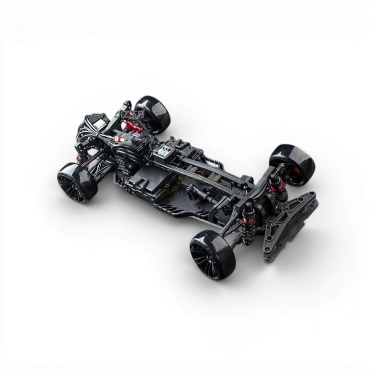 Voiture RC drift brushless Ford Mustang rouge, modèle RTR LBMT de Max Speed Technology, vue de côté avec détails du design.