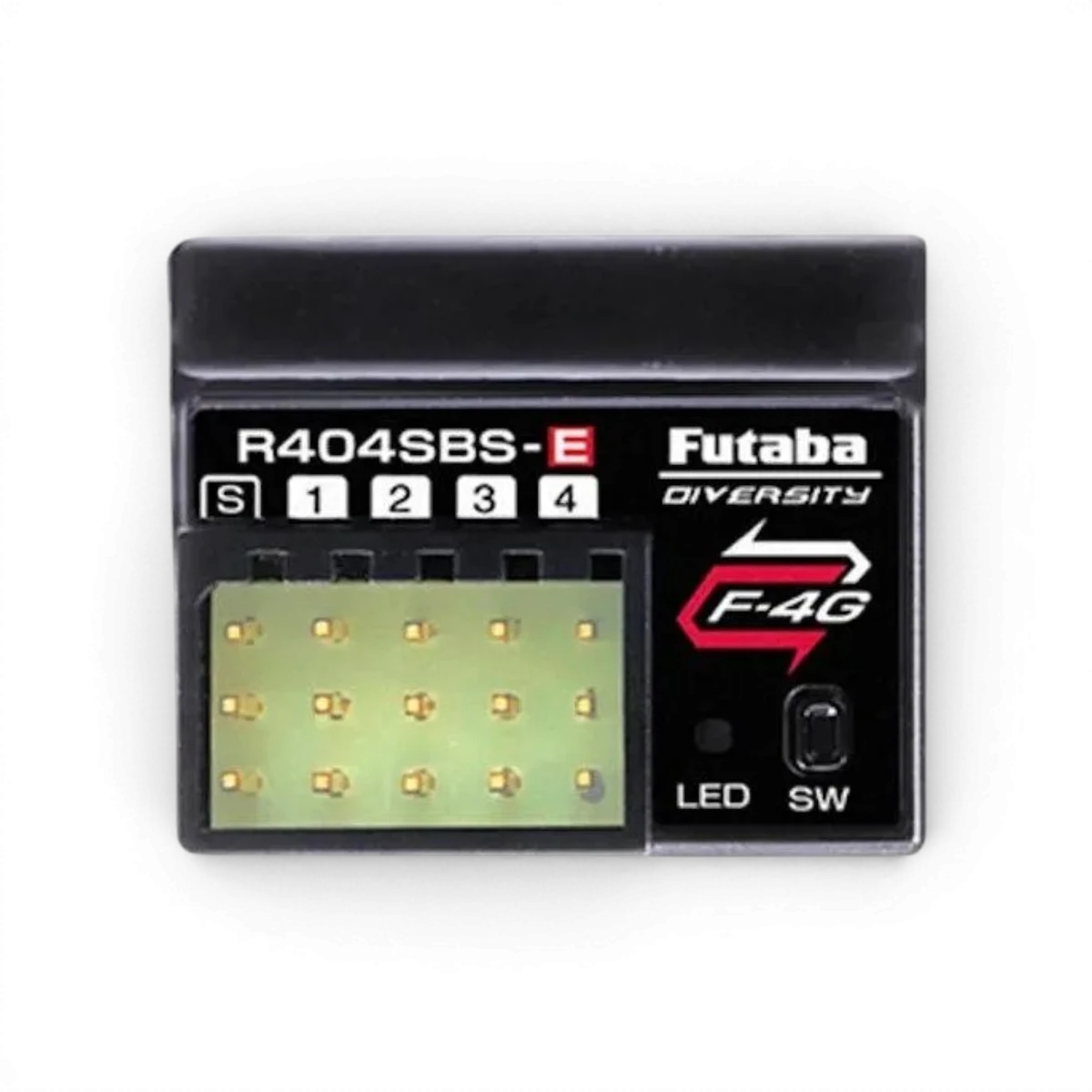 Récepteur électronique R404SBS-E de Futaba, vue rapprochée montrant les connexions et l'étiquette du produit.