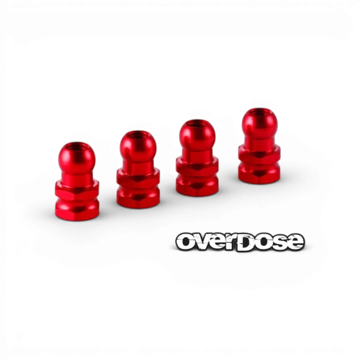 Rotules en aluminium rouges pour amortisseur HG, pièce détachée Overdose, visible avec finition robuste et fixation précise.