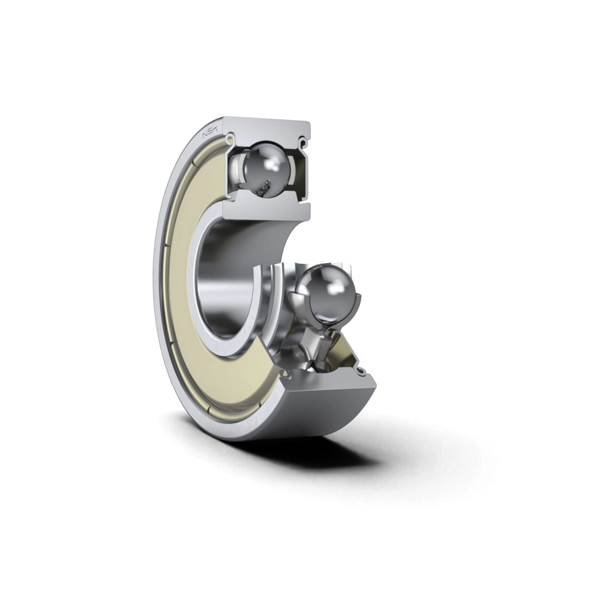 Roulement haute précision NSK 850, vue détaillée montrant la bague intérieure et extérieure en métal.