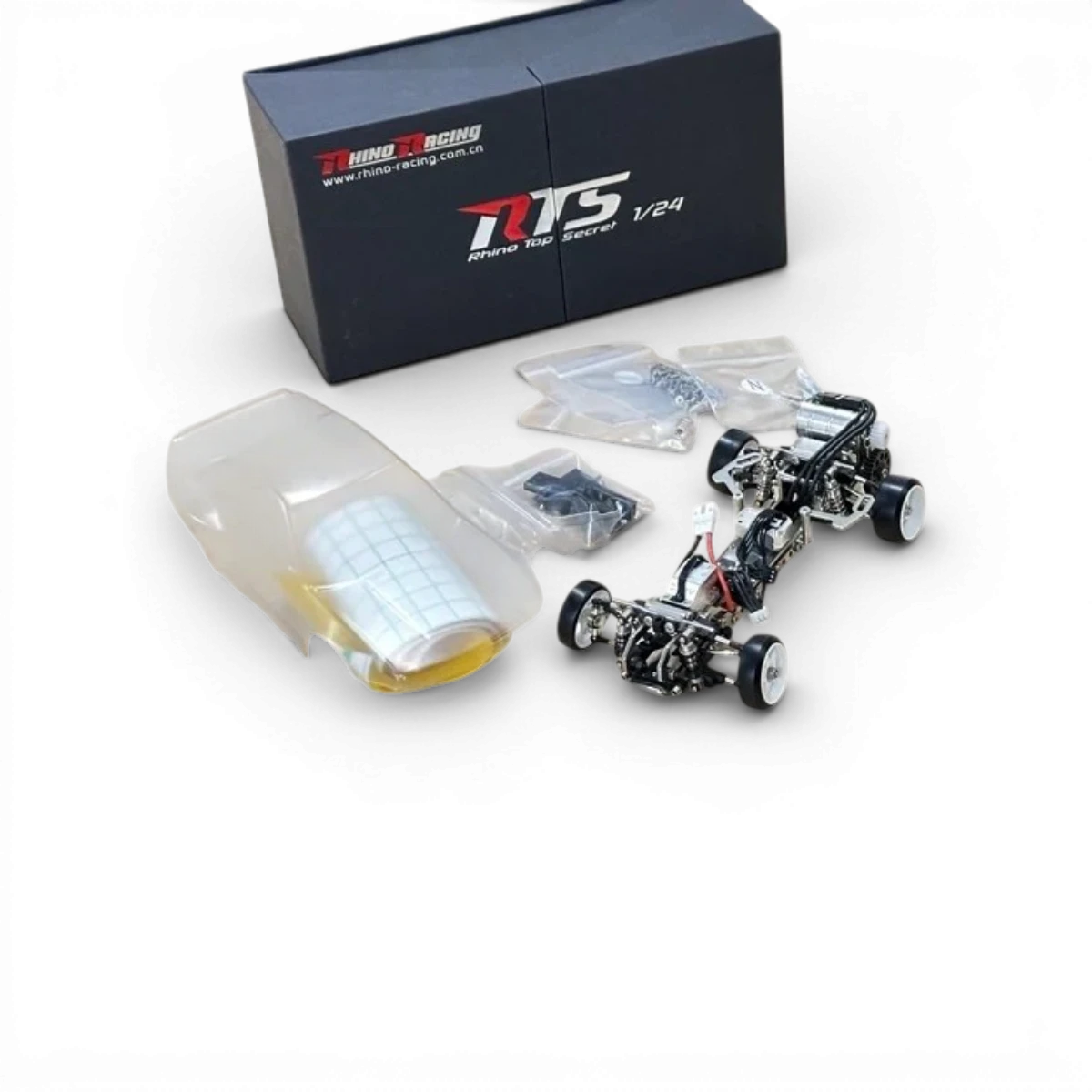 Voiture de drift électrique RTS 1/24 RWD RhinoRacing, jouet de sport RTR avec design sportif et détails réalistes.