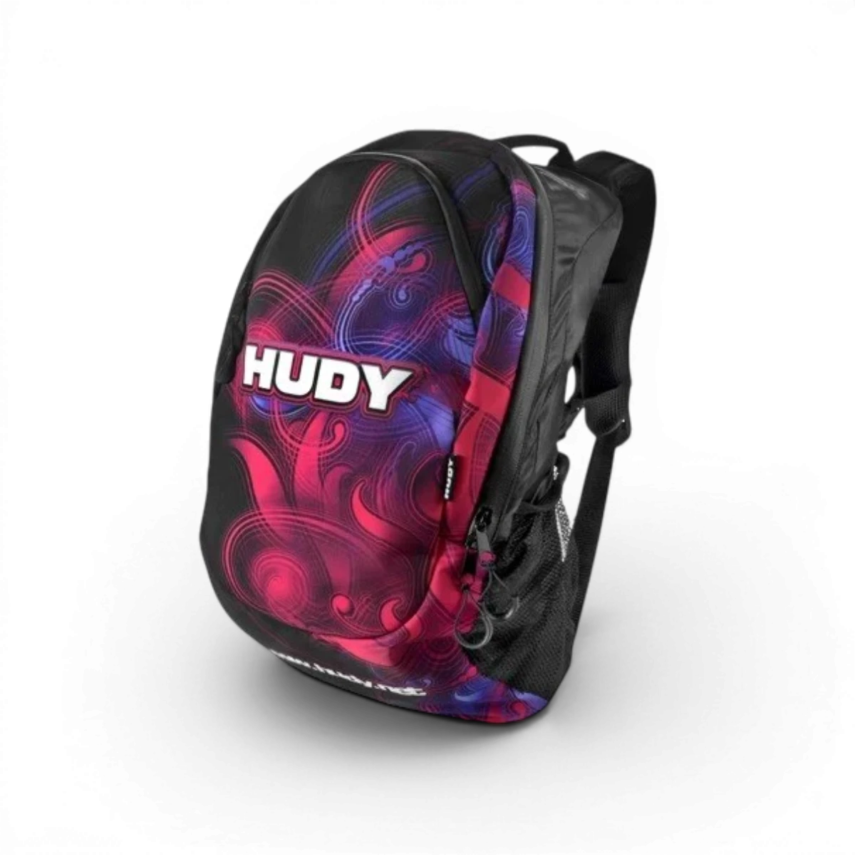 Sac à dos V2 de Hudy, accessoire noir avec poches et bretelles rembourrées, visible en gros plan.