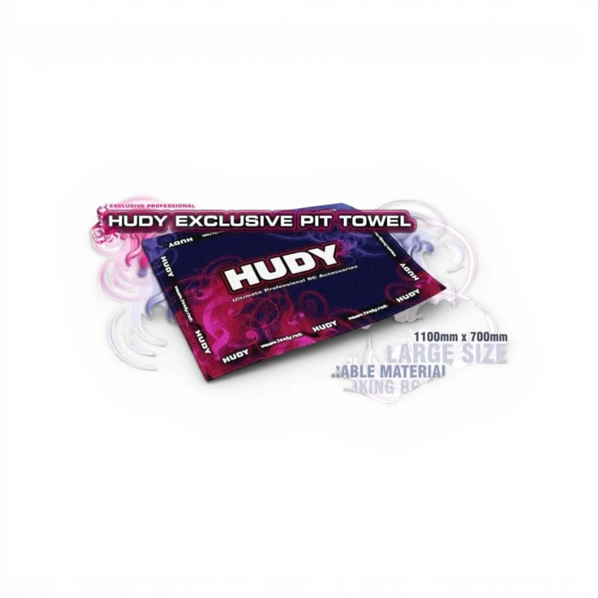 Serviette de stand Hudy 1100x700 cm, accessoire pour protection et nettoyage, avec logo Hudy visible sur la serviette.