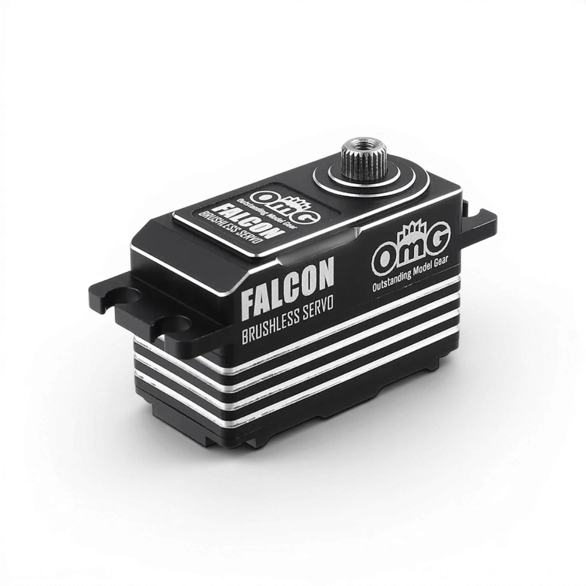 Servo D4 FALCON électronique à profil bas, digital, sans balais, de marque OMG, visible avec ses composants électroniques compactes