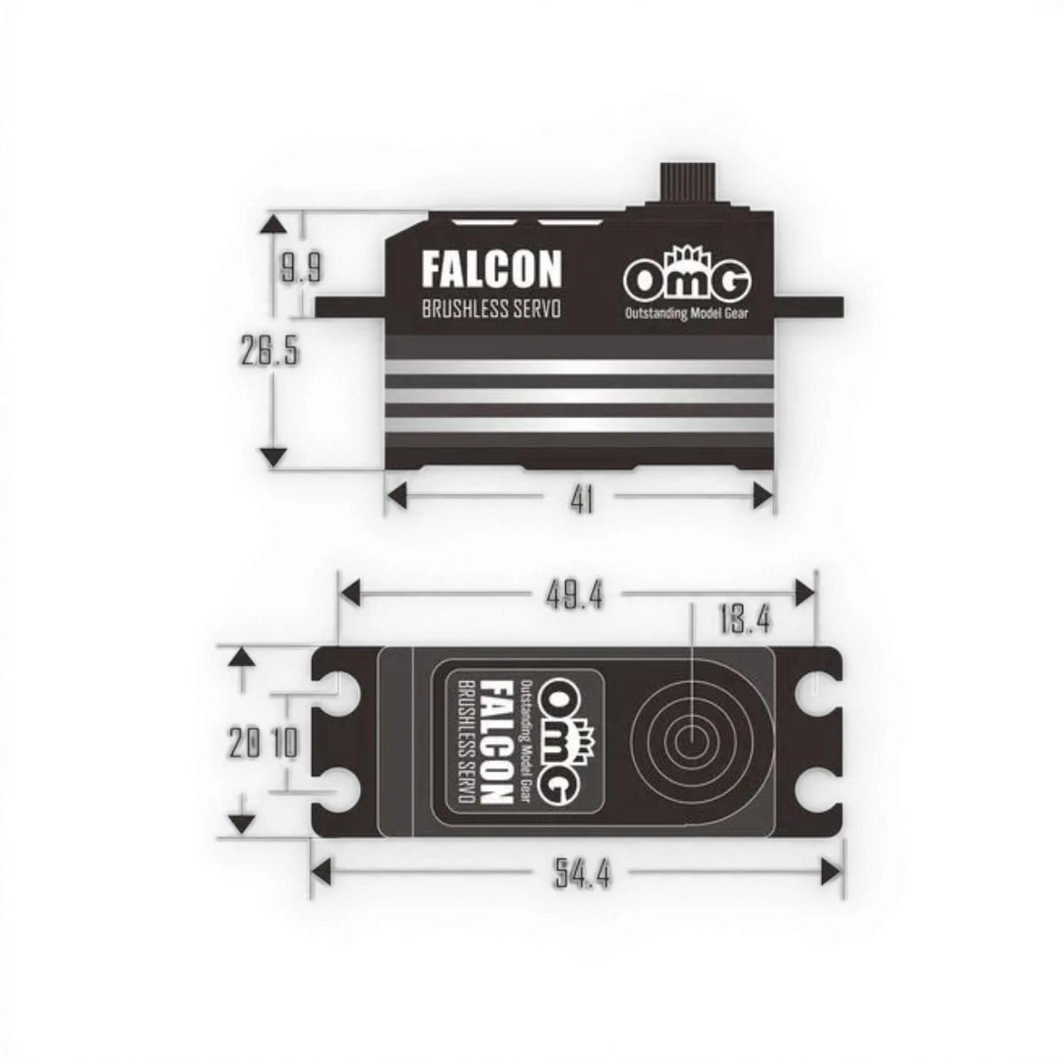 Servo D4 FALCON électronique à profil bas, brushless digital de la marque omg, visible en détail dans l'image.