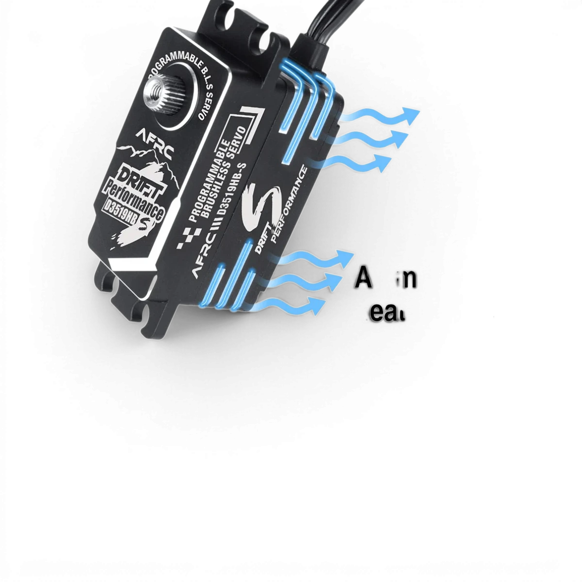 Servo HV brushless programmable AFRC D3519HB-S, composant électronique pour modèles RC, avec connecteurs et réglages visibles.