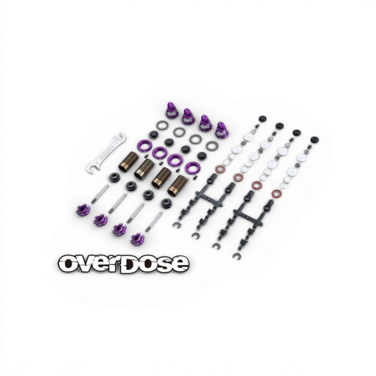 Ensemble d'amortisseurs high grade Spec v4 Overdose, pièces détachées pour suspension, visible avec composants métalliques robustes.