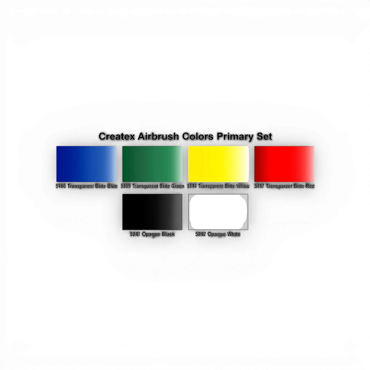 Ensemble de 6 flacons de 60 ml de peinture acrylique transparente et opaque Createx Colors, visuellement présenté.