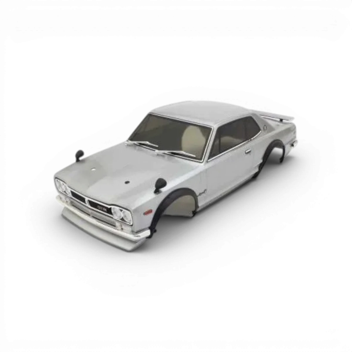 Modèle de voiture Skyline 2000 GT-R KPGC10 en argent, carrosserie de la marque Kyosho, vue en gros plan.