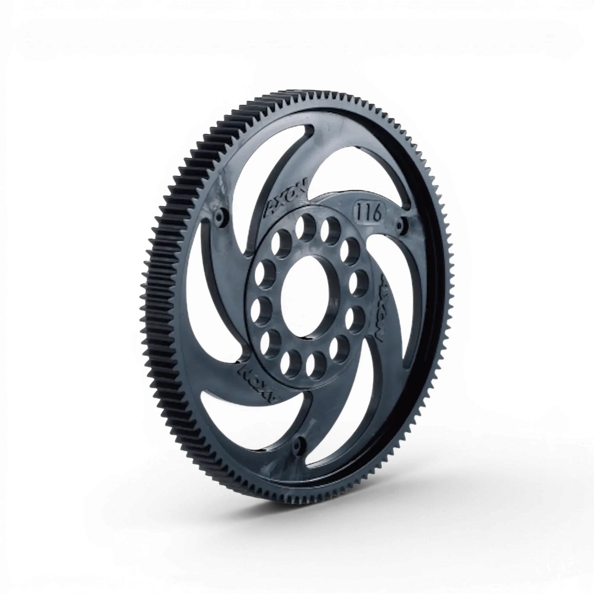 Couronne TCS V2 Team Axon 111T dents 64dp, pièce détachée pour modèle RC, en plastique noir avec engrenages visibles.