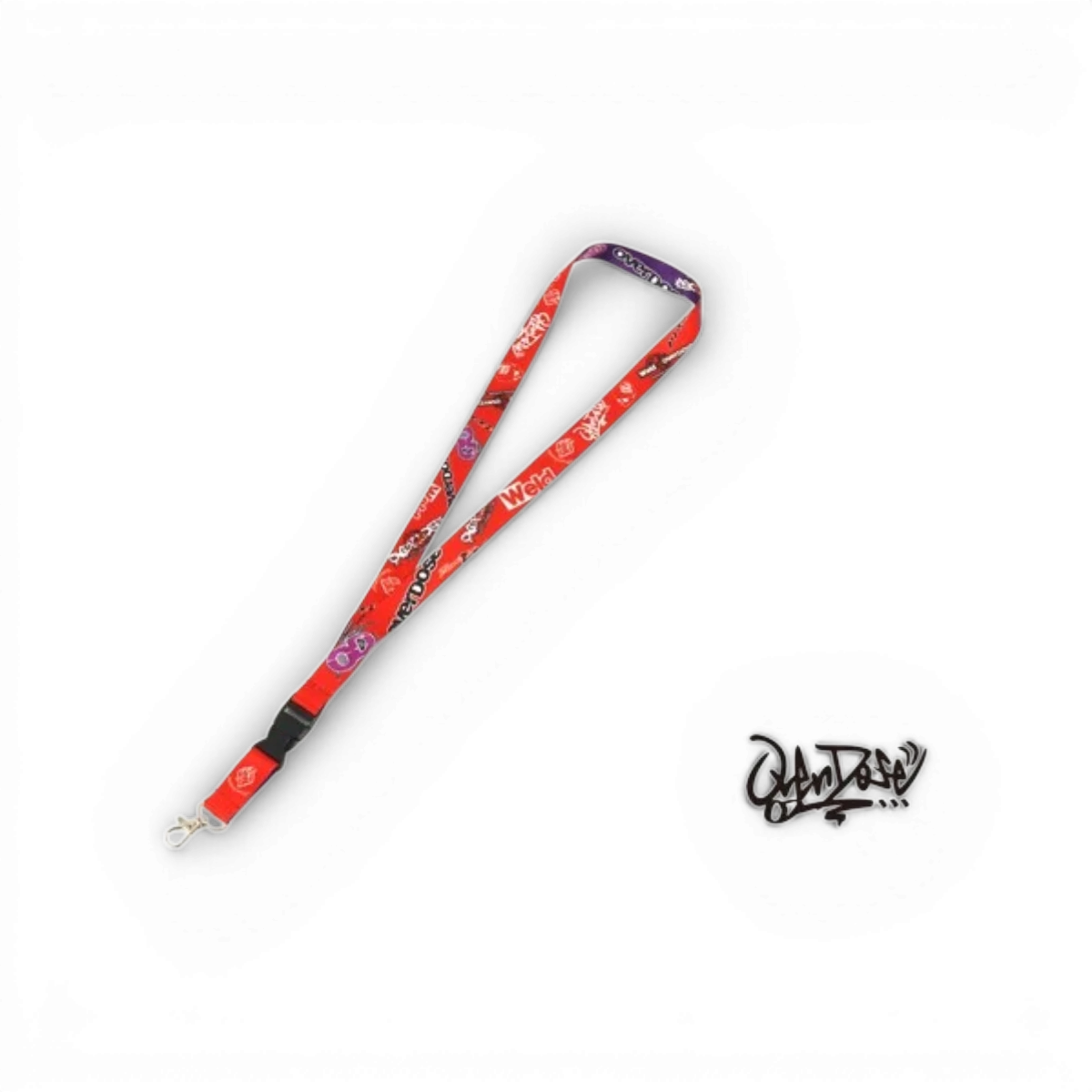 Tour de cou Overdose violet et rouge, accessoire en tissu avec logo, idéal pour un style tendance et décontracté.