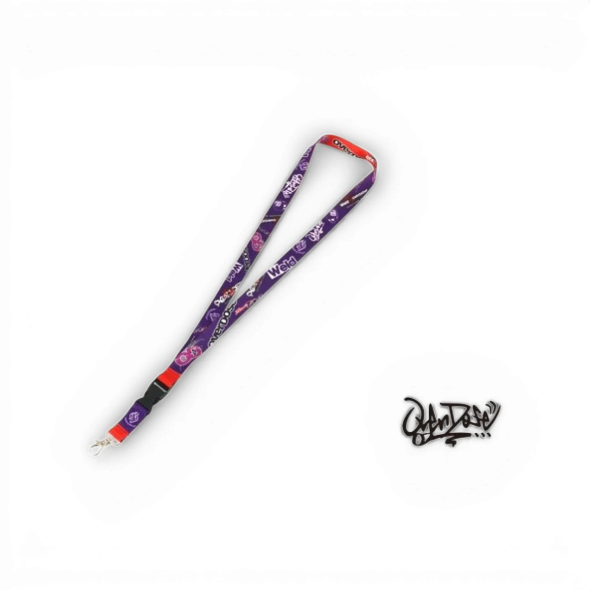 Tour de cou Overdose violet et rouge, accessoire en tissu avec logo, parfait pour un style tendance.