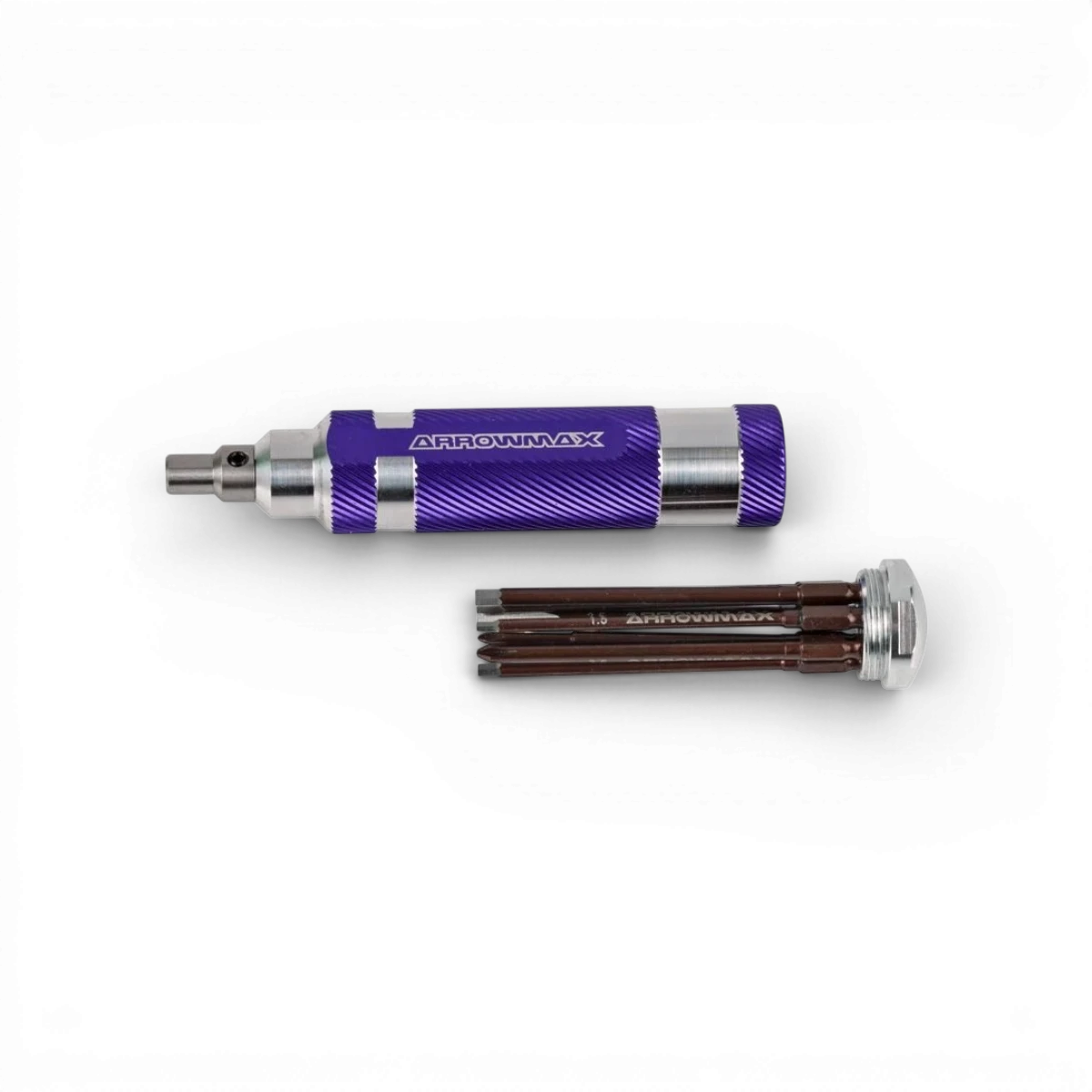 Tournevis avec 7 embouts de rechange, accessoires pour réparation, marque Arrowmax RC, outils précis pour modélisme.