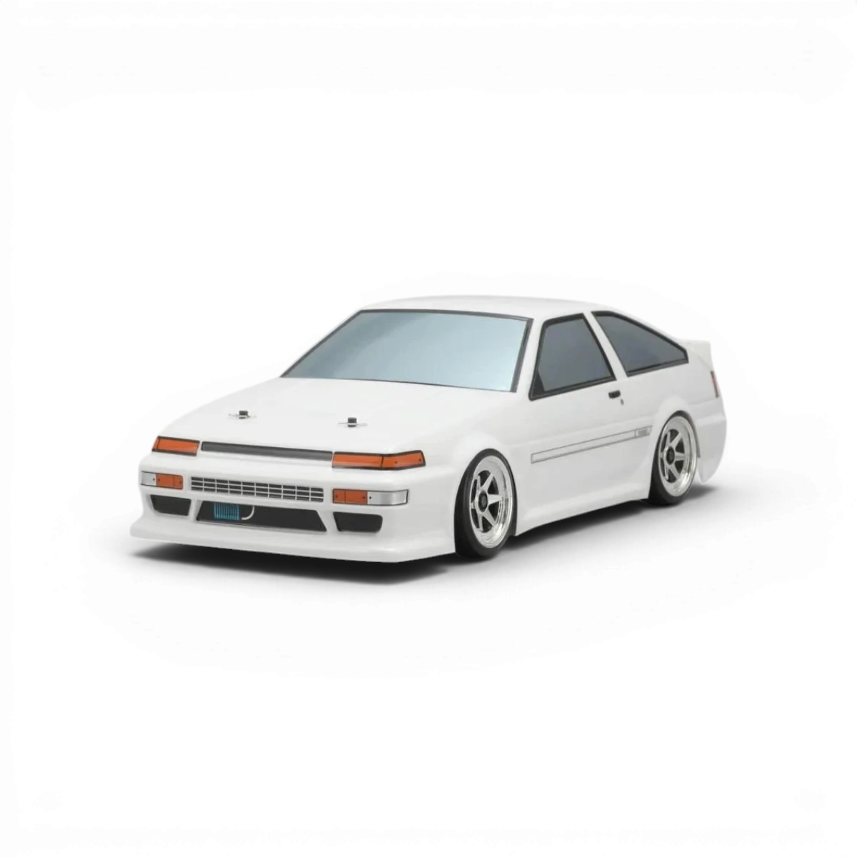 Karoserie Toyota AE86 Trueno značky Team Yokomo, detailní plastový model pro rádiem ovládané auto.