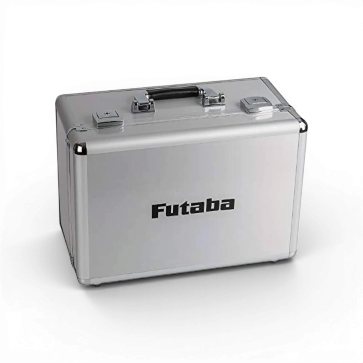 Valise en aluminium argentée Futaba, accessoire de rangement robuste et léger, avec poignée et serrure sécurisée.