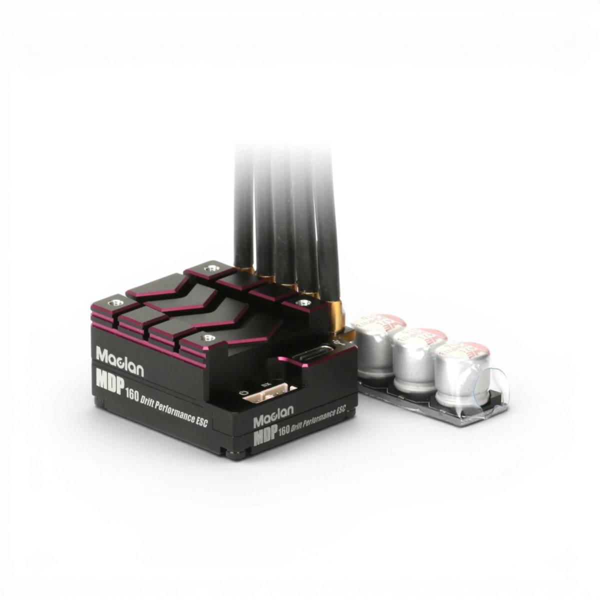 Variateur électronique Brushless Drift Performance MDP 160 de Maclan, vue de l'appareil avec câbles et boutons de contrôle.
