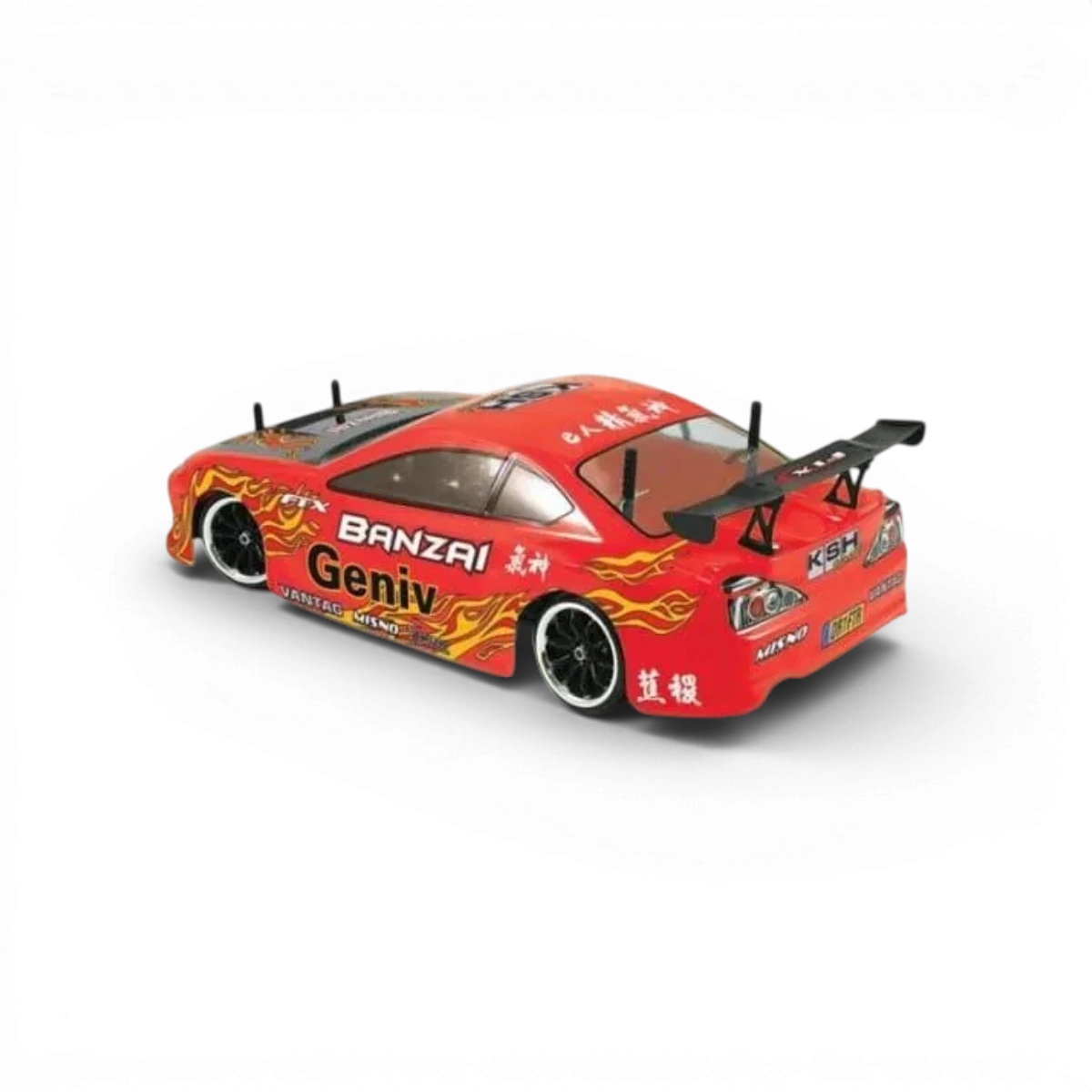 Voiture Banzai FTX 1/10 drift 4x4 rouge, modèle RC avec pneus larges et design sportif, vue de côté.