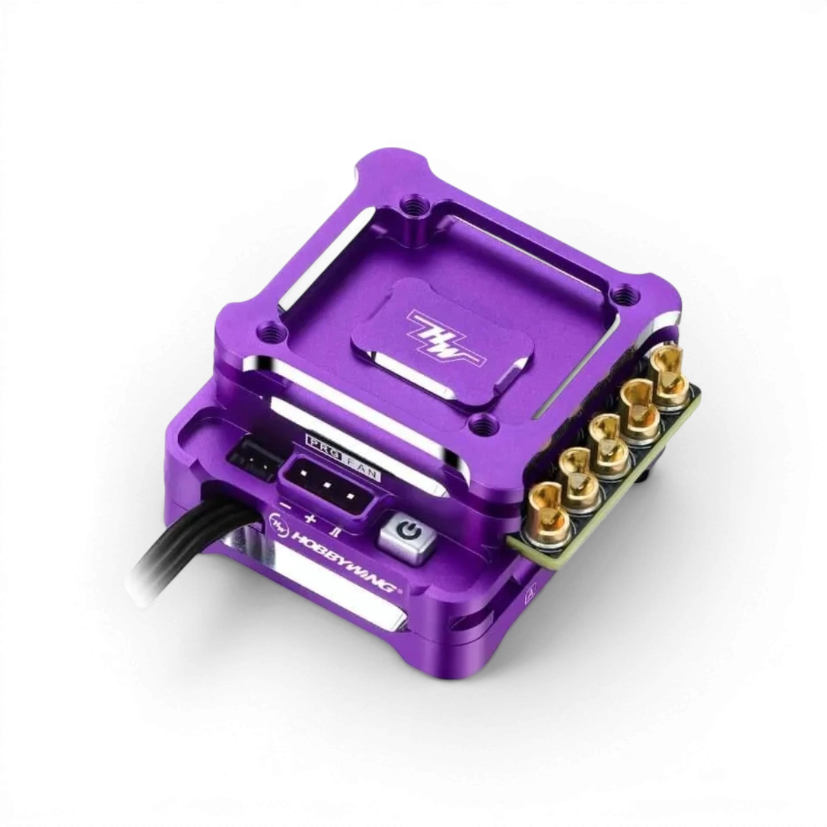 ESC brushless Hobbywing Xerun XD10 Pro Violet pour drift, électronique de haute performance, vue de l'appareil avec connecteurs.