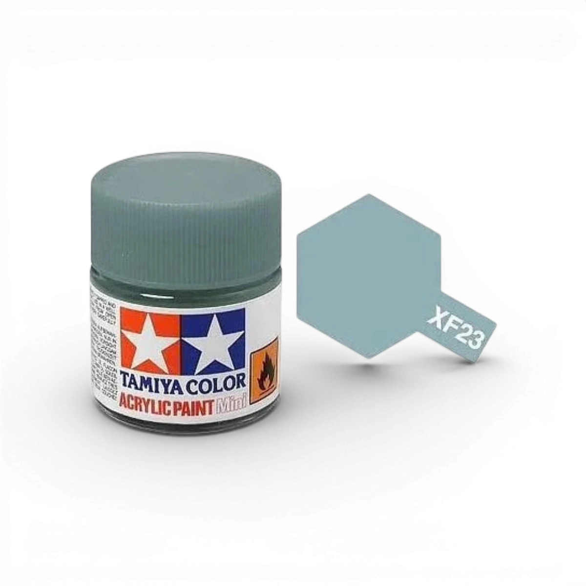 Peinture Tamiya XF23 Bleu Clair Mat pour modèles réduits, finition lisse et non brillante, contenant 10 ml de peinture.